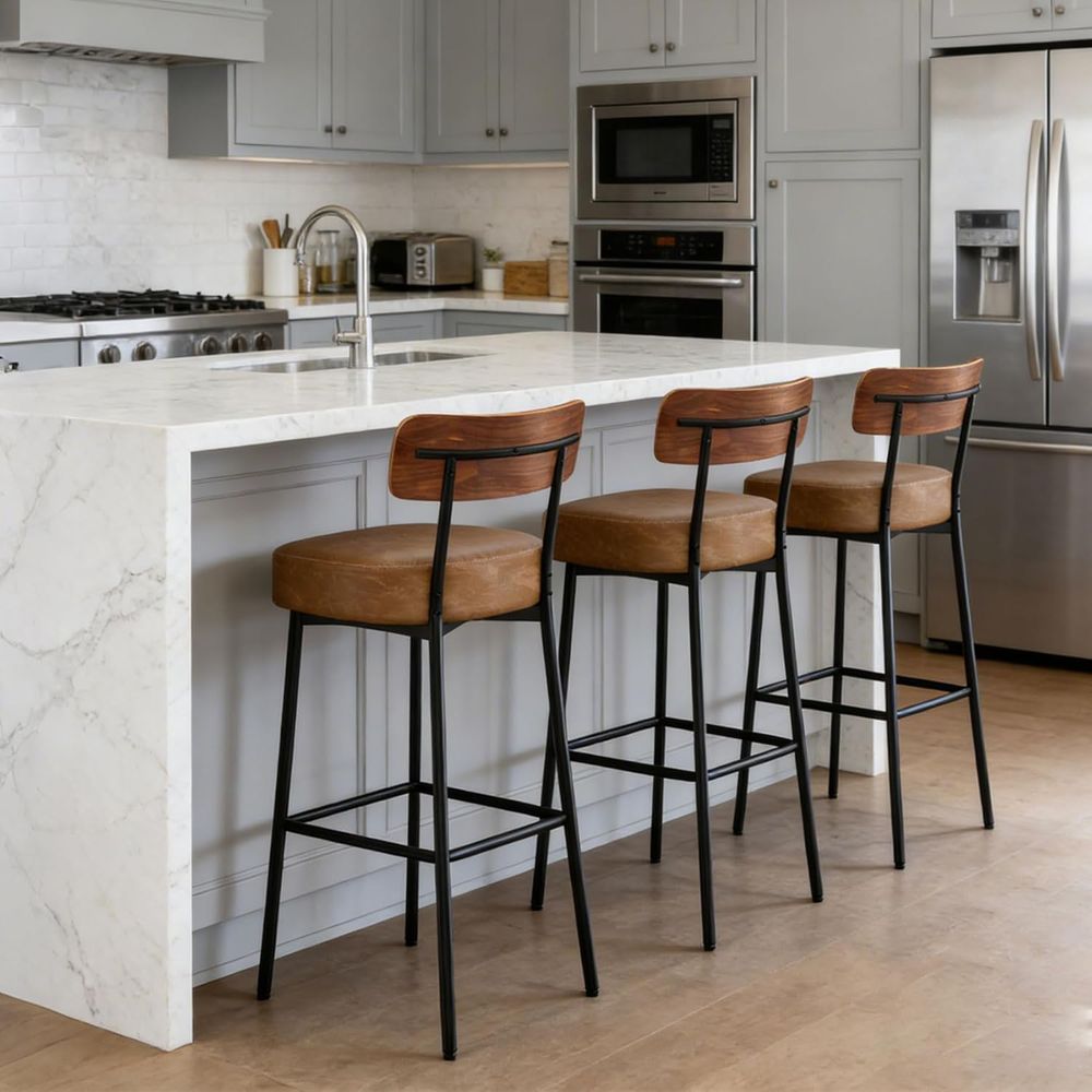 Brown Bar Stools Set o 3, Leat - Home Bar And Counter ulasan dan harga