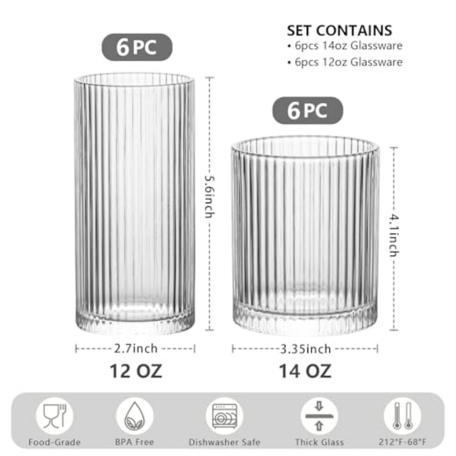 12Piece Ribbed Glassware Set w - Highball Glass Set ulasan dan harga
