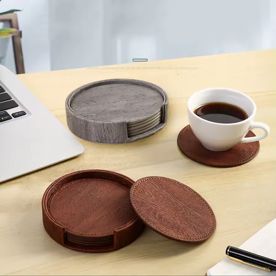 6 Wood Grain Leather Coasters  - Home Bar And Counter ulasan dan harga
