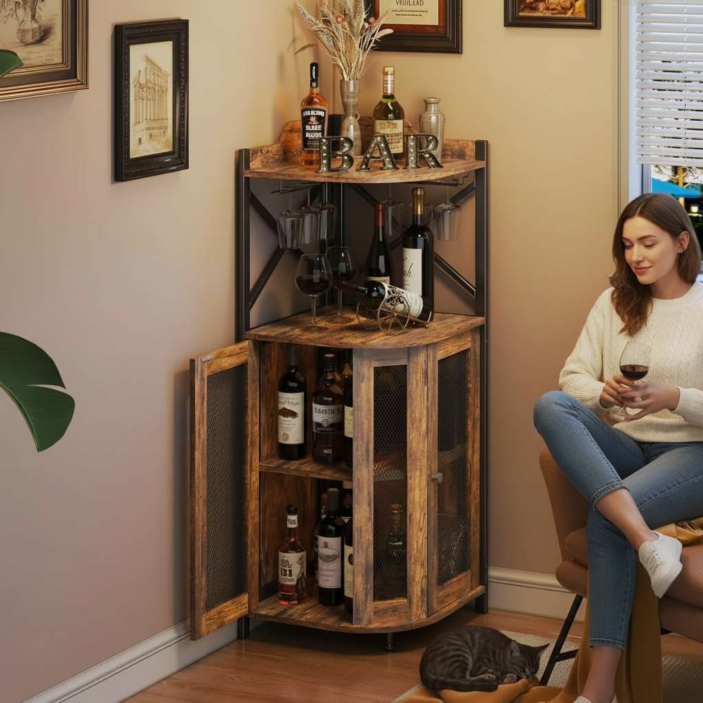 Corner Bar Cabinet with Glass  - Home Bar Setup ulasan dan harga